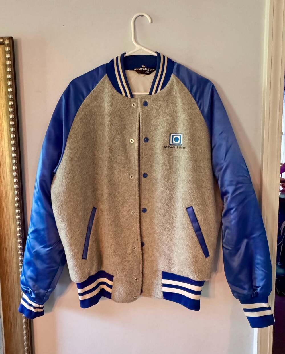 Vintage Sportsmaster Varsity Bomber Jacket Gray Blue Snap Front USA Made Large